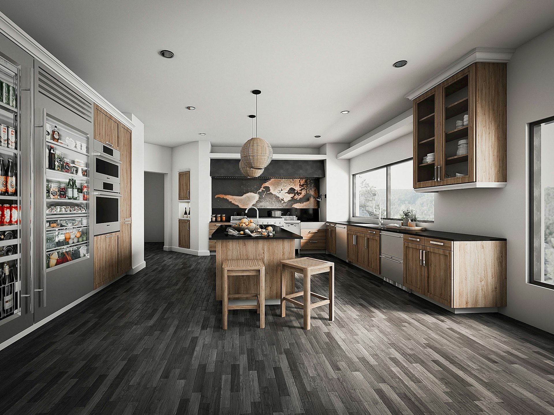 a large kitchen with wooden floors and cabinets